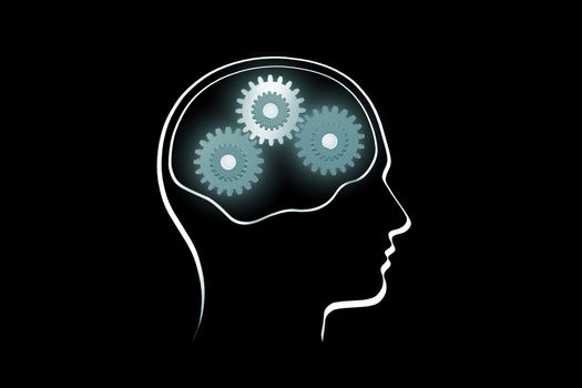 The contour of a human head on a dark background.
Rotate the gears (the symbol of mental work).