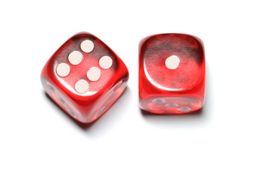 Red glass cubes (two pieces). A white isolated background.