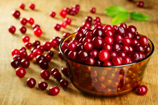 Fresh ripe red cranberries in glass dish
