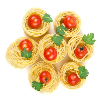 Italian pasta whith cherry tomatoes on white