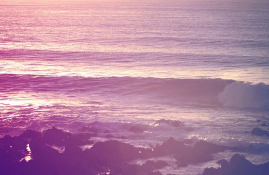 Retro vintage summer surfing shorebreak at sunrise. Chill out moment concept photography.
