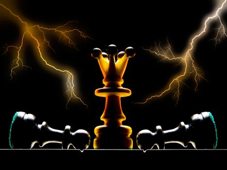 Chessmen on a chess board. A dark background and art illumination.