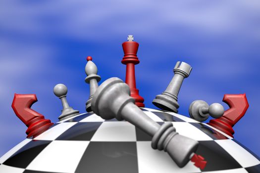Symbolic frame (political upheaval). Chess on the chess globe. 3D image. 