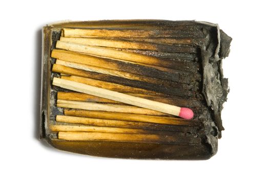 The burned down matches in a paper box. One match the whole. An isolated white background.