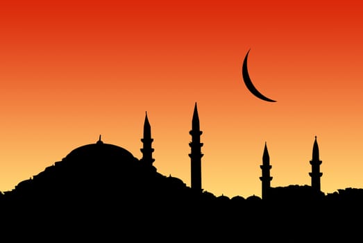 The vector image of Turkey. Evening, a silhouette of a mosque.
