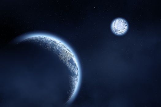 Space landscape : earth and moon (image created in Photoshop ).