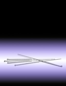 Acupuncture silver needles on a dark violet background.