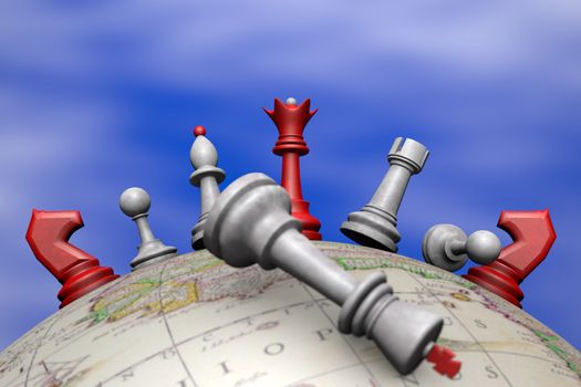 Symbolic frame (political upheaval). Chess on the globe.