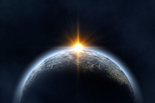 Space landscape : earth and sun (image created in Photoshop ) 