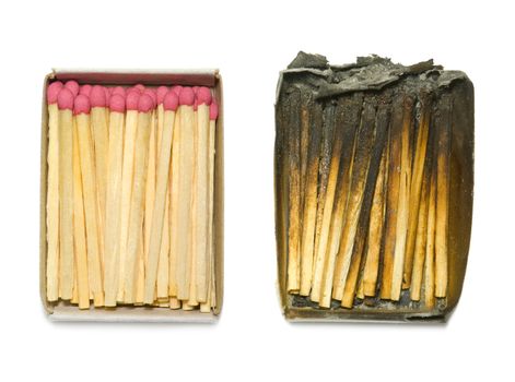 Matches in a paper box (burned down and the whole). An isolated white background.