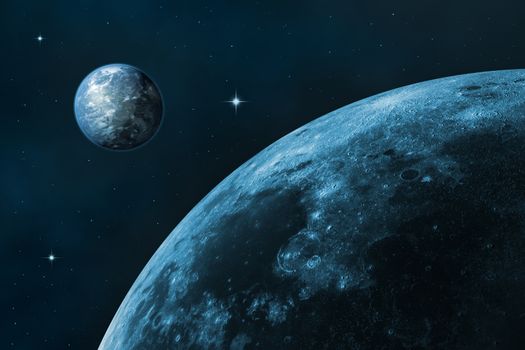 Space landscape (earth and moon). Blue starry sky. In the creation of 3D-image textures used by NASA.