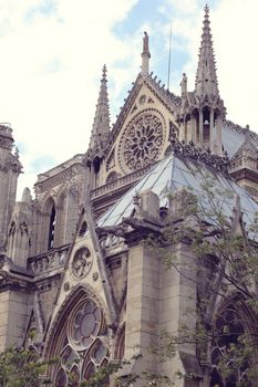 Architectural details of Cathedral Notre Dame de Paris. Cathedral Notre Dame de Paris - most famous Gothic, Roman Catholic cathedral on the eastern half of the Cite Island. France, Europe.