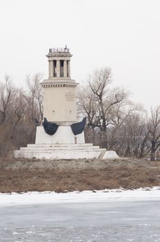 Lighthouse on Sarpinsk peninsula located at the entrance of the Volga-Don canal named after VI Lenin, in memory of the sailors, the defenders of the city in 1953, the city of Volgograd region Krasnoarmeisky