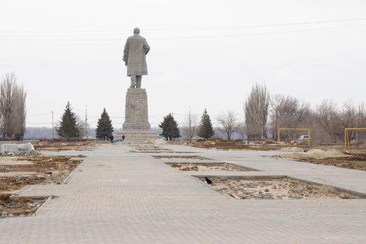 Under construction walkway to the monument of Lenin Red Army on the waterfront area of the city of Volgograd on the street 50 years October