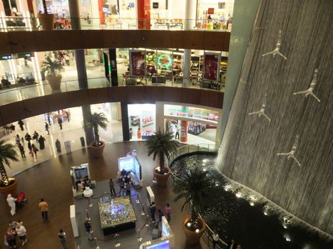 Waterfall at Dubai Mall in Dubai, UAE. The mall is the world's largest shopping mall based on total area and 6th largest by gross leasable area.