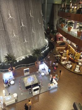 Waterfall at Dubai Mall in Dubai, UAE. The mall is the world's largest shopping mall based on total area and 6th largest by gross leasable area.