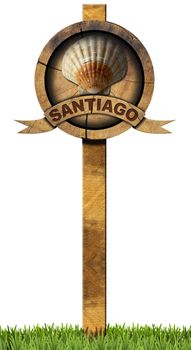 Pilgrimage wooden sign of Santiago de Compostela (Camino de Santiago) with a seashell and text Santiago. Isolated on white background with green grass