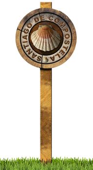 Pilgrimage wooden sign of Santiago de Compostela (Camino de Santiago) with a seashell and text. Isolated on white background with green grass