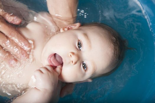 six months age blonde baby body and face washing by woman mother hands in blue little plastic bath indoor with brown background