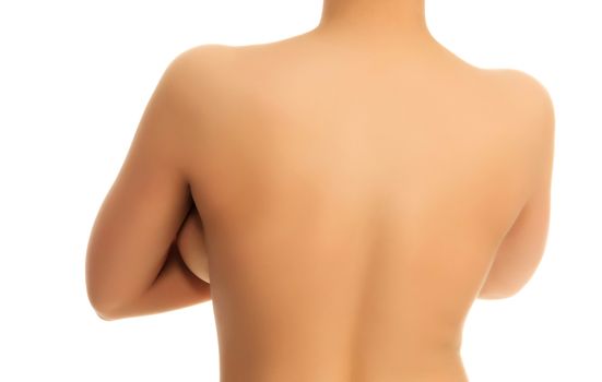 naked female back, white background, isolated, copyspace