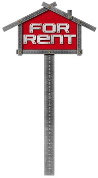 Grey metallic meter ruler in the shape of house with text for rent. For rent real estate sign isolated on white background