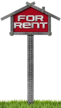 Grey metallic meter ruler in the shape of house with text for rent. For rent real estate sign isolated on white background with green grass