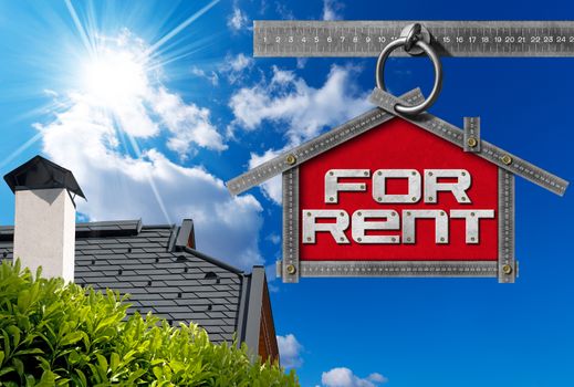Grey metallic meter ruler in the shape of house with text for rent. For rent real estate sign on blue sky with roof, clouds and sun rays
