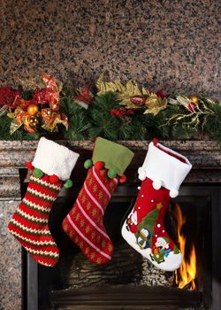 Christmas stocking on fireplace background