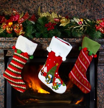 Christmas stocking on fireplace background