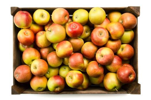 Ripe fresh apples in box isolated on white background