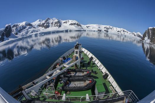 A Russian polar research vessel in Paradise Bay in Antarctica. (Photo taken with an ultrawide fisheye lens)