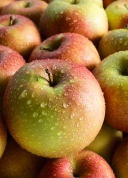 Apples with water drops, food background