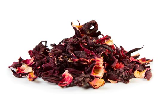 Dry hibiscus tea isolated on white background