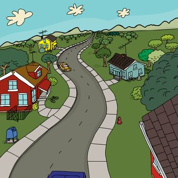 Cute cartoon scene of four houses along road
