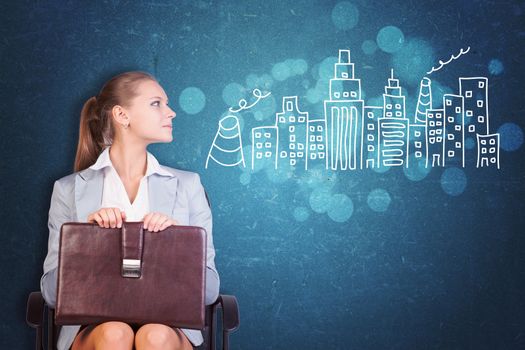 Young Businesswoman Sitting in Chair with Briefcase in Lap, Looking to the Side at Illustration of City Skyline in Aspirational Concept Image