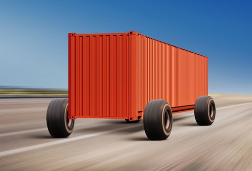 container moving on road, cargo transportation