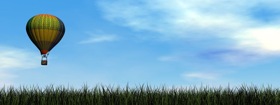 Colorful hot air balloon flying upon green grass by cloudy day - 3D render