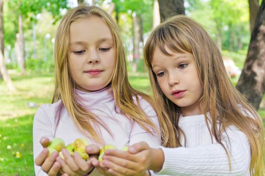 Photo of two girls with apples in summer