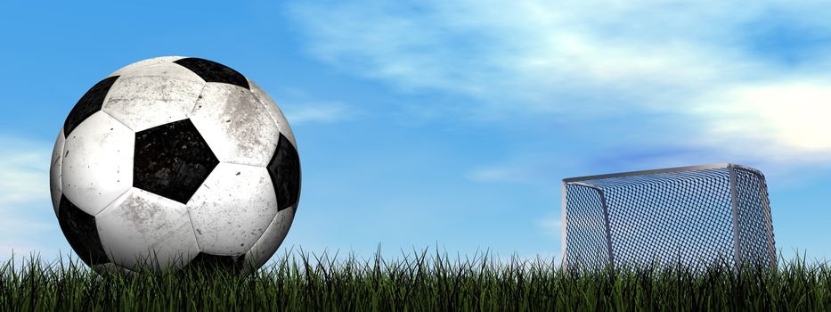 Dirty soccer ball on the grass in front of the goal - 3D render