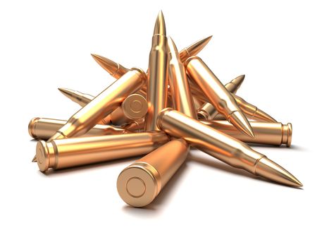 Composition of several shiny brass rifle bullets over white background