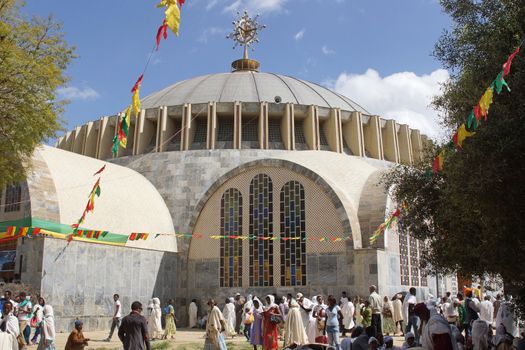 AXUM, ETHIOPIA - NOVEMBER 30, 2014: People visiting the cathedral of Axum during the Hidar Zion Ceremony on November 30, 2014 in Ethiopia, Africa