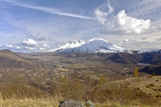 Mt. St. Helen with dramatic skies a panoramic view Washington state.