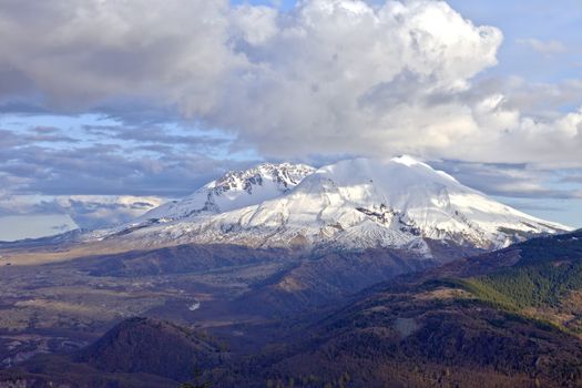 Mt. St. Helen with dramatic skies at sunset Washington state.