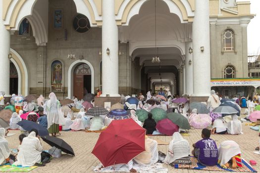 Addis Ababa: April 10: Devoted Ethiopian Orthodox followers observe Siklet, the crucifixion of Jesus Christ, at Bole Medhane Alem Church on April 10 ,2015 in Addis Ababa, Ethiopia