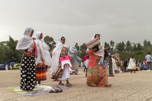 Addis Ababa: April 10: Devoted Ethiopian Orthodox followers observe Siklet, the crucifixion of Jesus Christ, at Bole Medhane Alem Church on April 10 ,2015 in Addis Ababa, Ethiopia