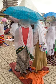 Addis Ababa: April 10: Devoted Ethiopian Orthodox followers observe Siklet, the crucifixion of Jesus Christ, at Bole Medhane Alem Church on April 10 ,2015 in Addis Ababa, Ethiopia