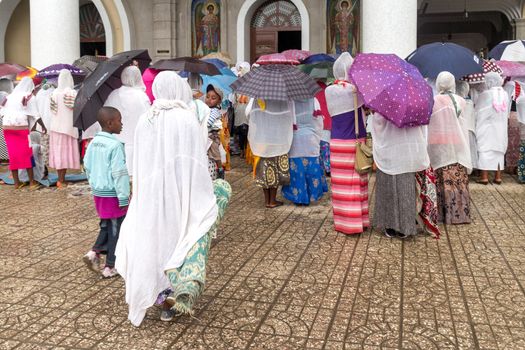 Addis Ababa: April 10: Devoted Ethiopian Orthodox followers observe Siklet, the crucifixion of Jesus Christ, at Bole Medhane Alem Church on April 10 ,2015 in Addis Ababa, Ethiopia