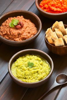 Rustic bowl of homemade zucchini and parsley spread garnished with fresh parsley leaf, red kidney bean spread, carrot-bell pepper spread, sticks of wholegrain bread in the back, photographed on dark wood with natural light (Selective Focus, Focus on the parsley leaf) 