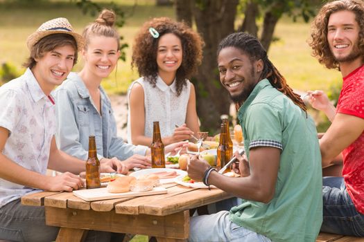 Happy friends in the park having lunch on a sunny day