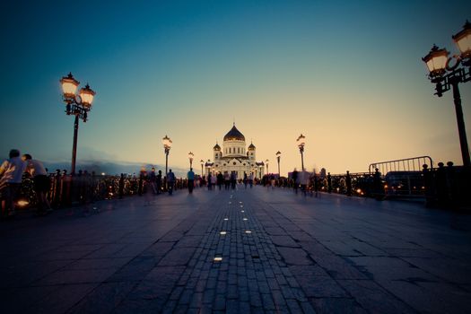 Cathedral of Christ the Saviour church at evening. Moscow, Russia - 01.06.2014, instagram image style, editorial use only